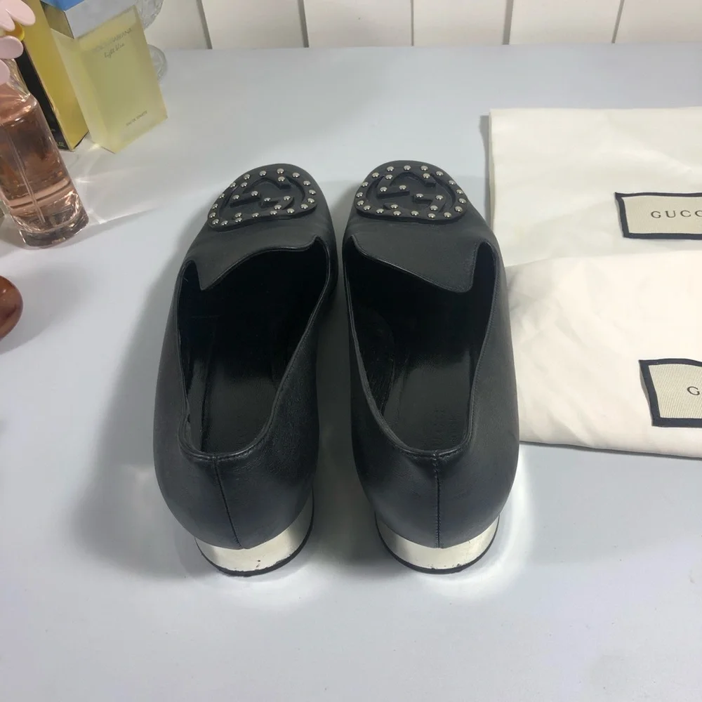 Gucci Loafers Silver Stud Logo Heel Classic Edgy Size 37 - Picture 2 of 9